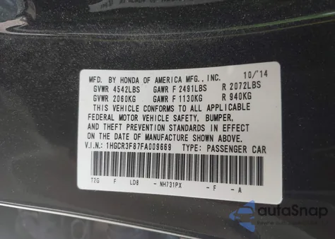 2015 Honda Accord Ex-L V-6 from USA, damaged, VIN 1HGCR3F87FA009669